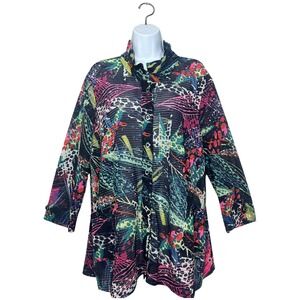 Ali Miles XL Textured Open Knit Top Multicolor Button Front 3/4 Sleeve